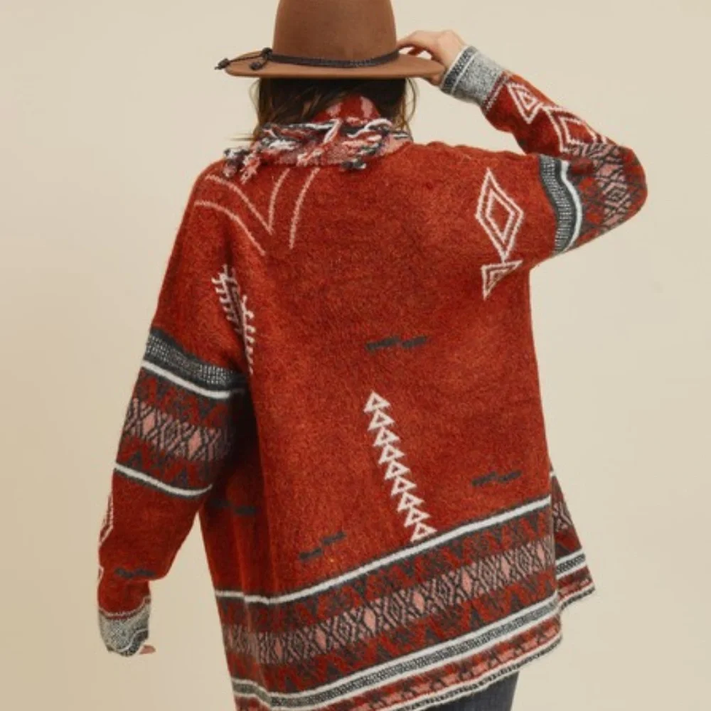 New Native Print Fringed Blanket Cardigan Sweater - Picture 1 of 6